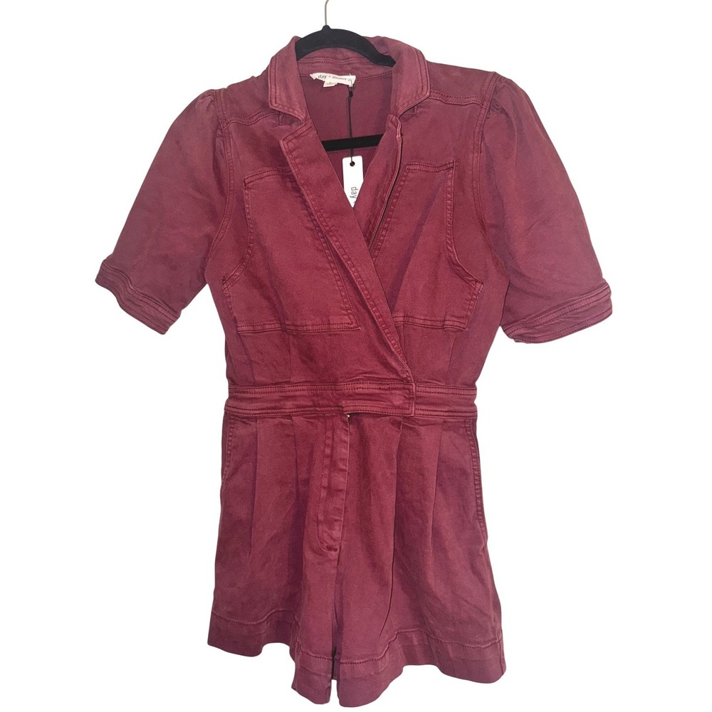 Day + Moon Womens Size S Burgundy Short Sleeve Collared Belted Romper